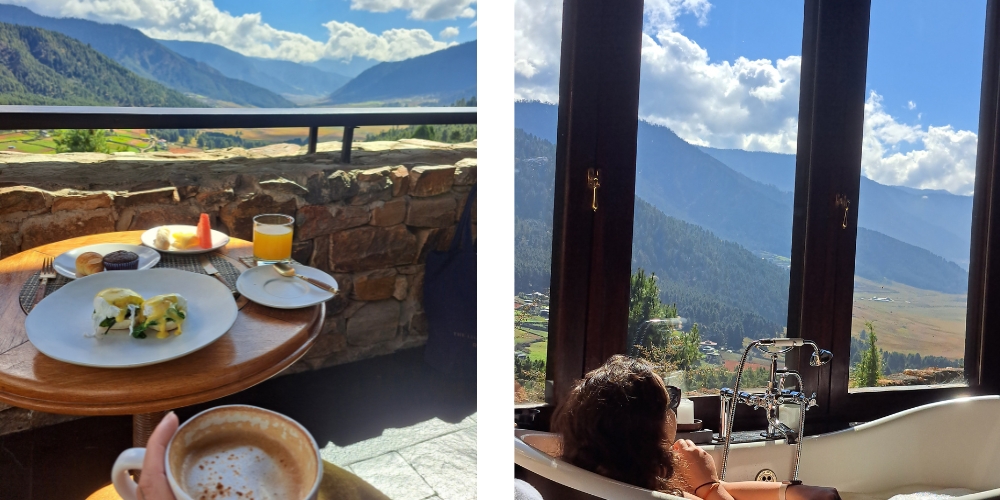 Luxury suite at Gangtey Lodge Bhutan overlooking the Phobjikha Valley with traditional Bhutanese décor.